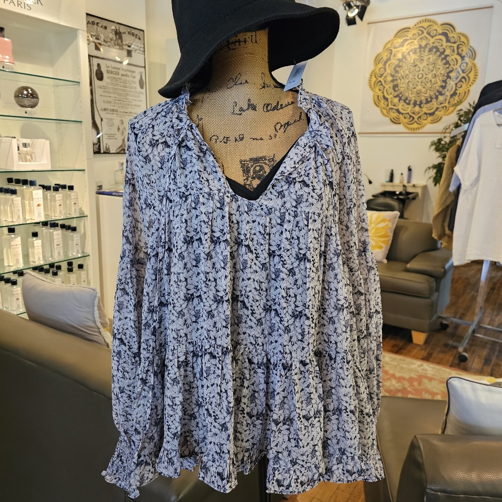 By Together Blue and White Ruffled Tunic with Peter Pan Collar